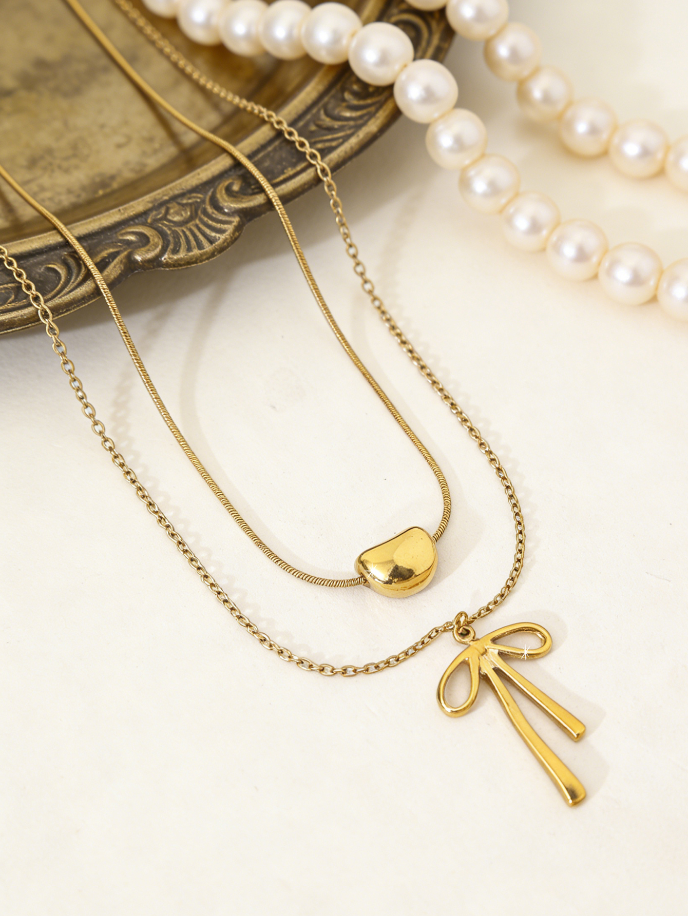 1-Piece Minimalist, Versatile, Elegant, Sweet, And Cute 18K Gold-Plated Stainless Steel Bead And Bow Pendant Necklace For Women