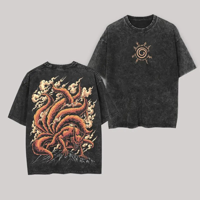 Kurama T Shirt Naruto Men Acid Wash Back Print Nine Tails Anime Graphic Cotton Streetwear Kyuubi Vintage Bootleg Oversized Tee