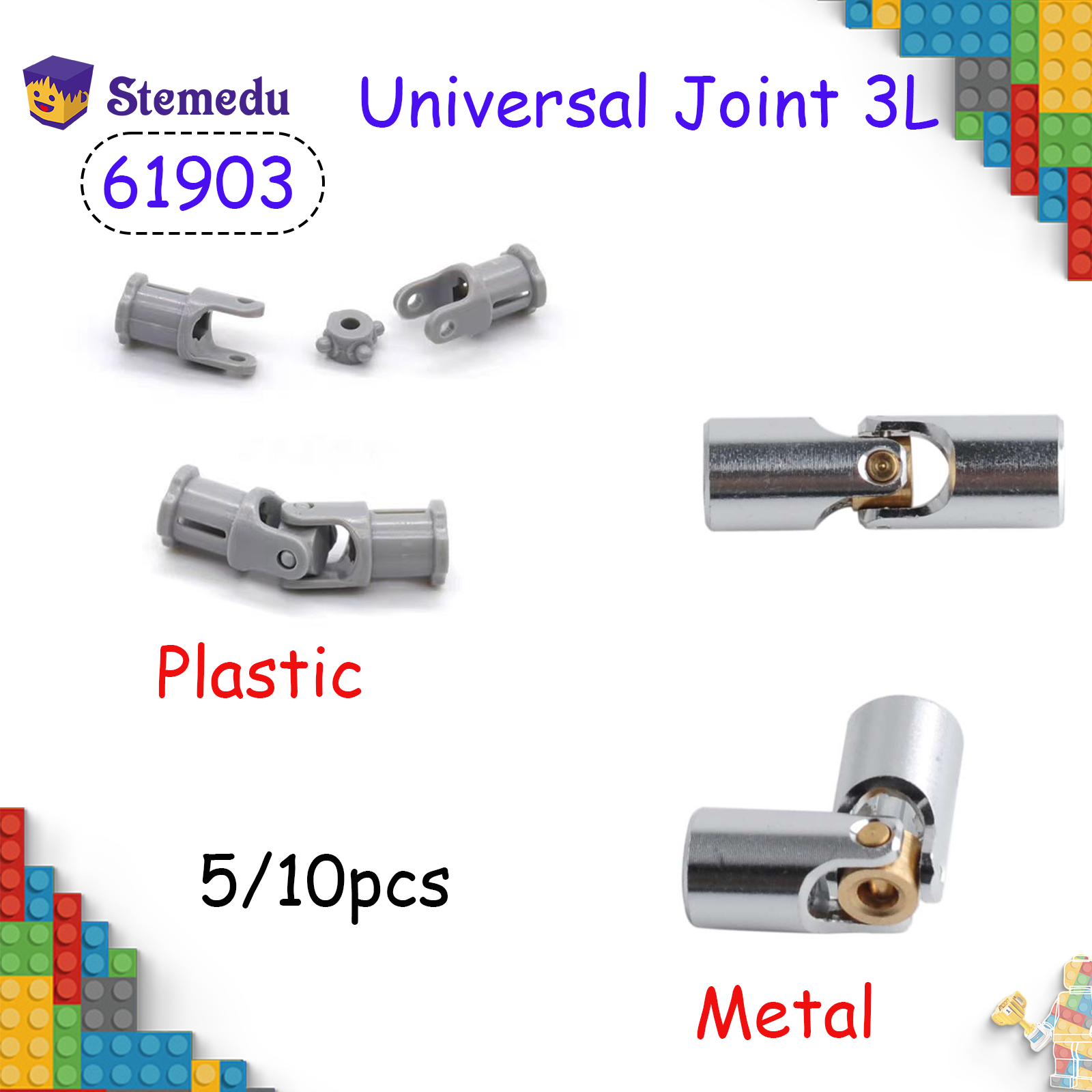 10PCS Plastic Universal Joint Metal Universal Joint 3L MOC Power Functions 61903 Shaft Compatible With Legoeds Bricks