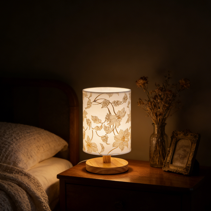 1PC Elegant White & Gold Floral Desk Lamp, Cylindrical Fabric Shade Night Light with Natural Wood Base