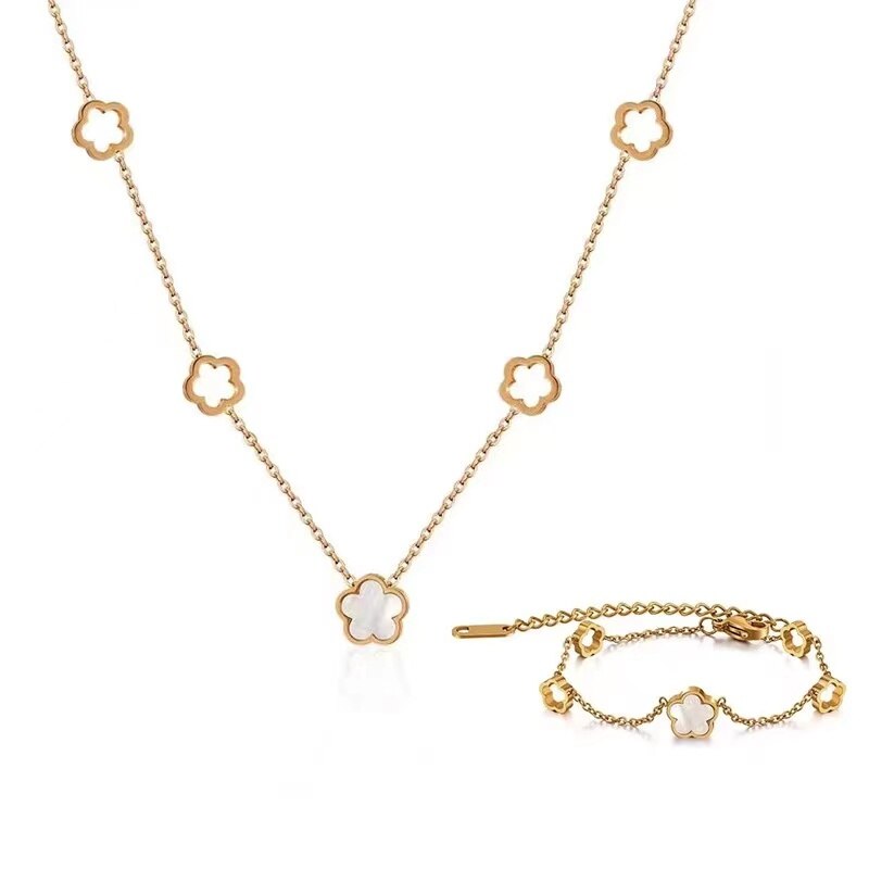 White Shell Flower Necklace Bracelet 2 Pc Set Natural Shell Gold Plated Link Chain Pendant Girls Cute 2pc Jewelry Set pen gpt