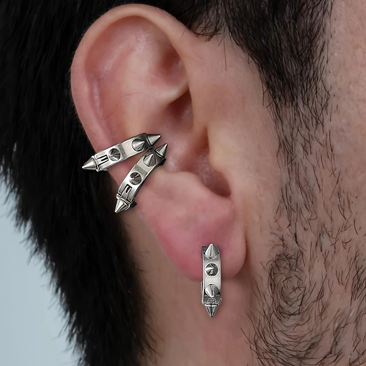 3pcs/Set Gothic Punk Stainless Steel Rivet Stud & Clip Design Hoop Earrings for Women Men Perfect for Party Casual Wear Jewelry