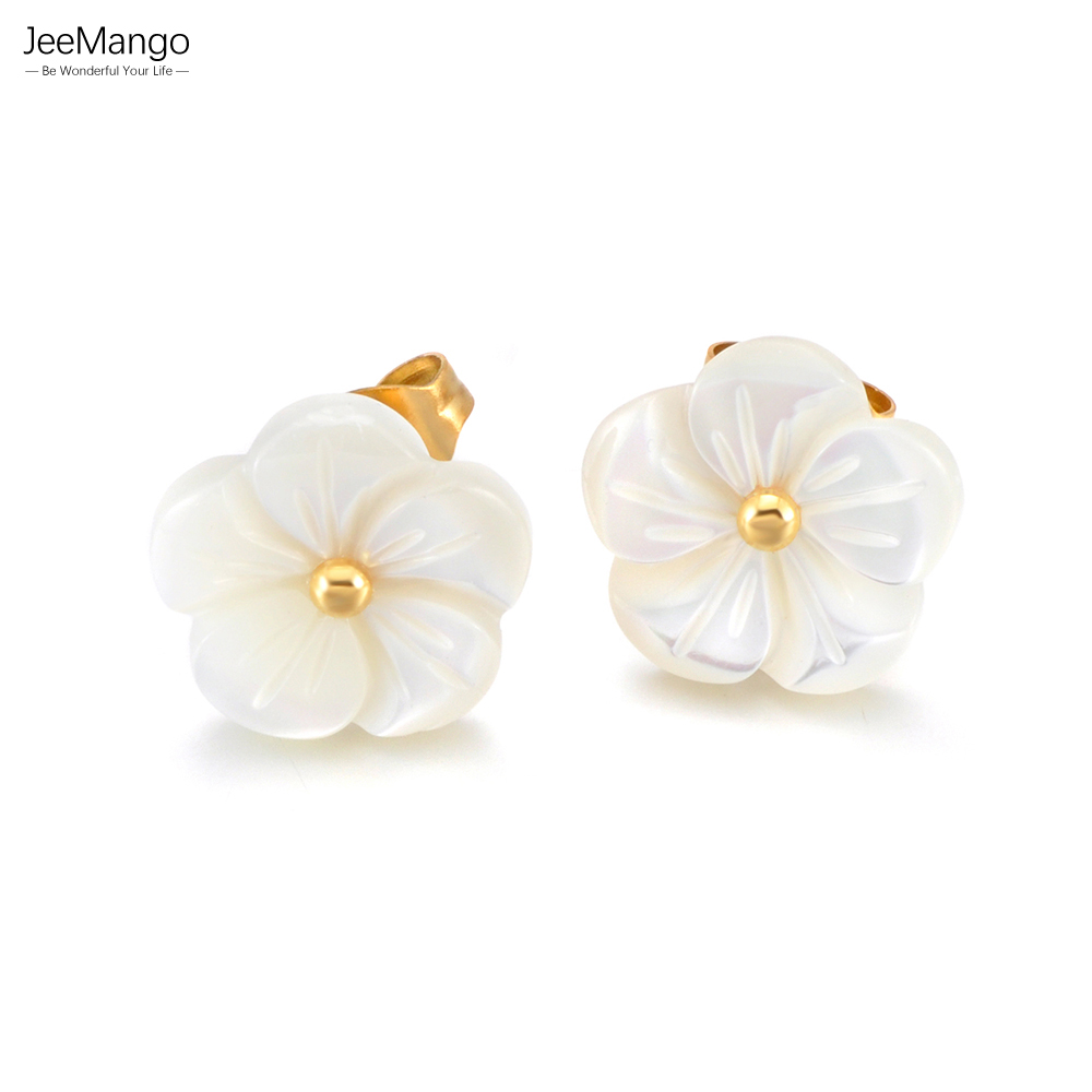 JeeMango Elegant Shell Flower Earrings for Women Stainless Steel High-quality Earrings Carved From Natural Shells Jewelry E26084