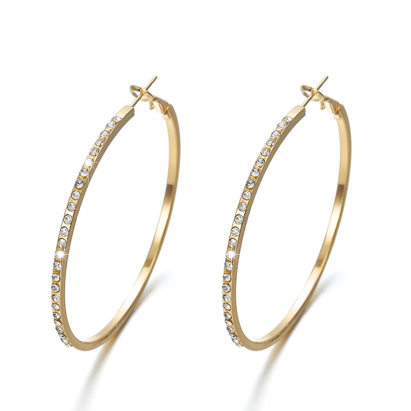 2Pcs Fashion Hoop Earrings With Rhinestone, Big Circle Earrings Simple Earrings Big Circle Gold Color Loop Earrings For Women