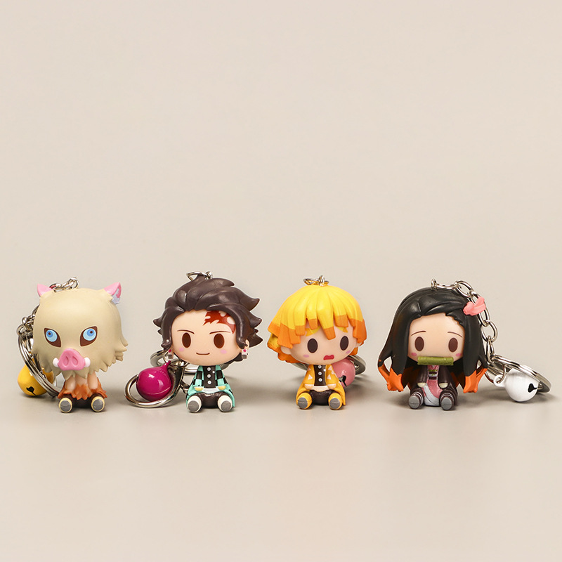 Demon Slayer 4 Pcs Chibi Figural Keychains 4.5cm PVC Tanjiro Nezuko Zenitsu Inosuke Pendant Bag Car Accessory For Anime Fans
