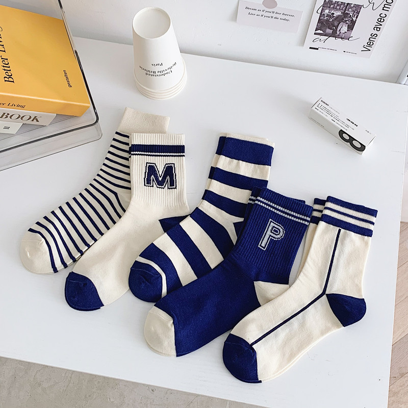 5 Pairs Of Socks Set Spring And Summer New Pure Cotton Women's Socks Minimalist Style Blue Striped Socks Women's Sports Socks