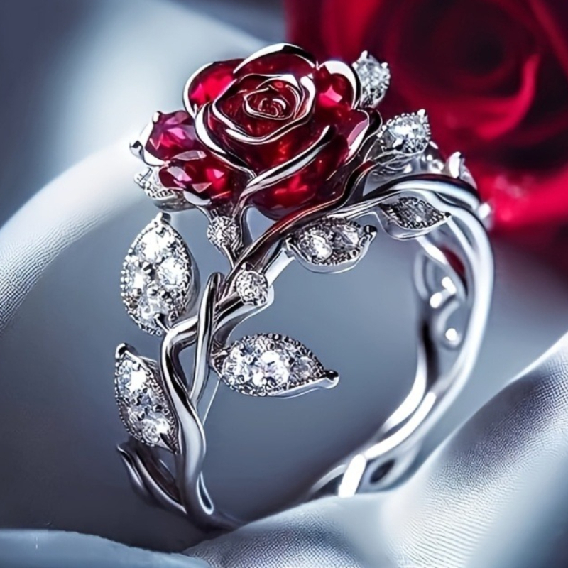 Bohemian Flower Red Crystal Rings for Women Girl Gorgeous Silver Color Ring Wedding Engagement Valentine's Day