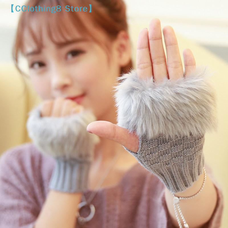 1Pair Keep Warm Plush Knitted Woolen Splicing Half Finger Gloves Cute Lovely Sweety Smooth Soft Writing Drive【AliS8】