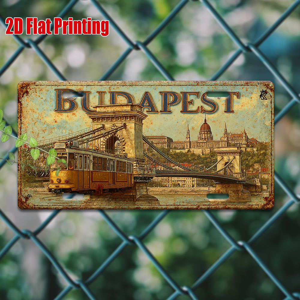 2D Flat - 1pc Vintage Metal Sign | 2D Flat Printing, BUDAPEST Aluminum Sign with Bridge and Tram Scene, For Decoration Only, Out