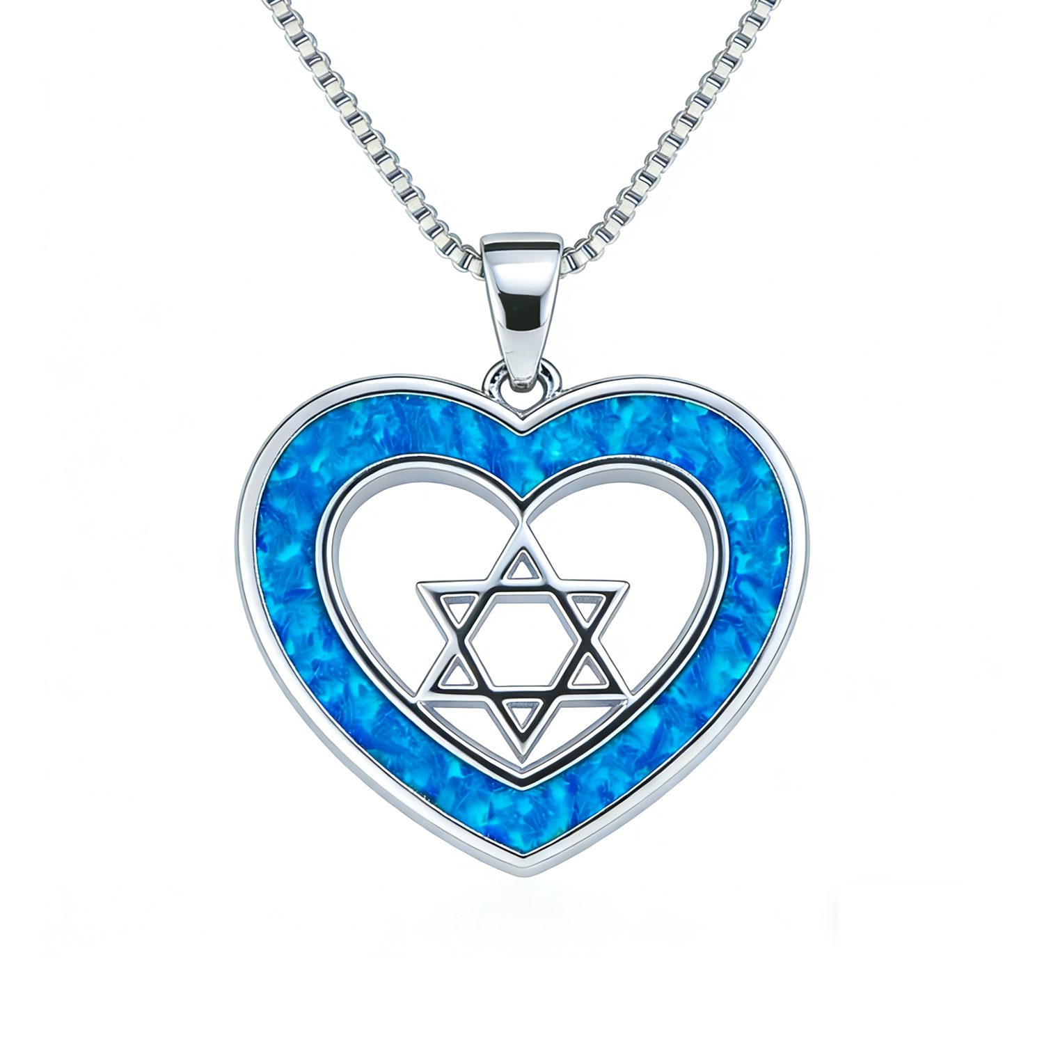 Luxury Blue Heart Opal Pendant with Star of David Inside,White K Plated Meaningful Jewelry,Dainty Minimalist Necklace for Women