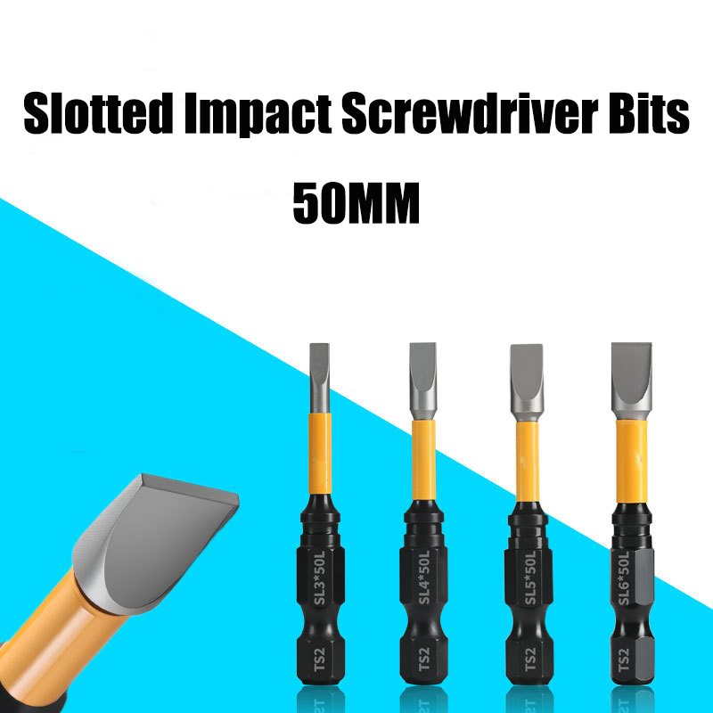1PC Slotted Impact Screwdriver Bit 1/4" Hex Shank 2" Long Magnetic Flat Head S2 Steel Screw Driver Drill Bit Electric Power Tool