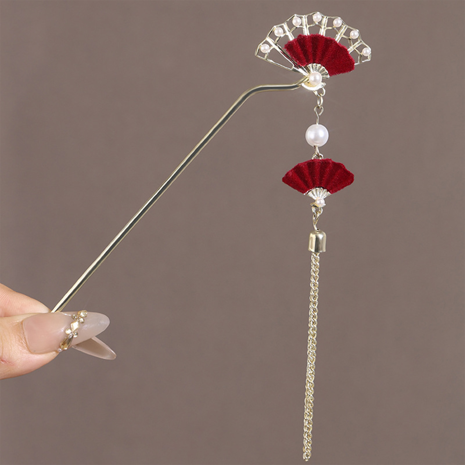 New Chinese Style Fan Shaped Hairpin with Oearls Tassel Vintage Bridal Hair Accessories Handmade Hanfu Hair Sticks for Women