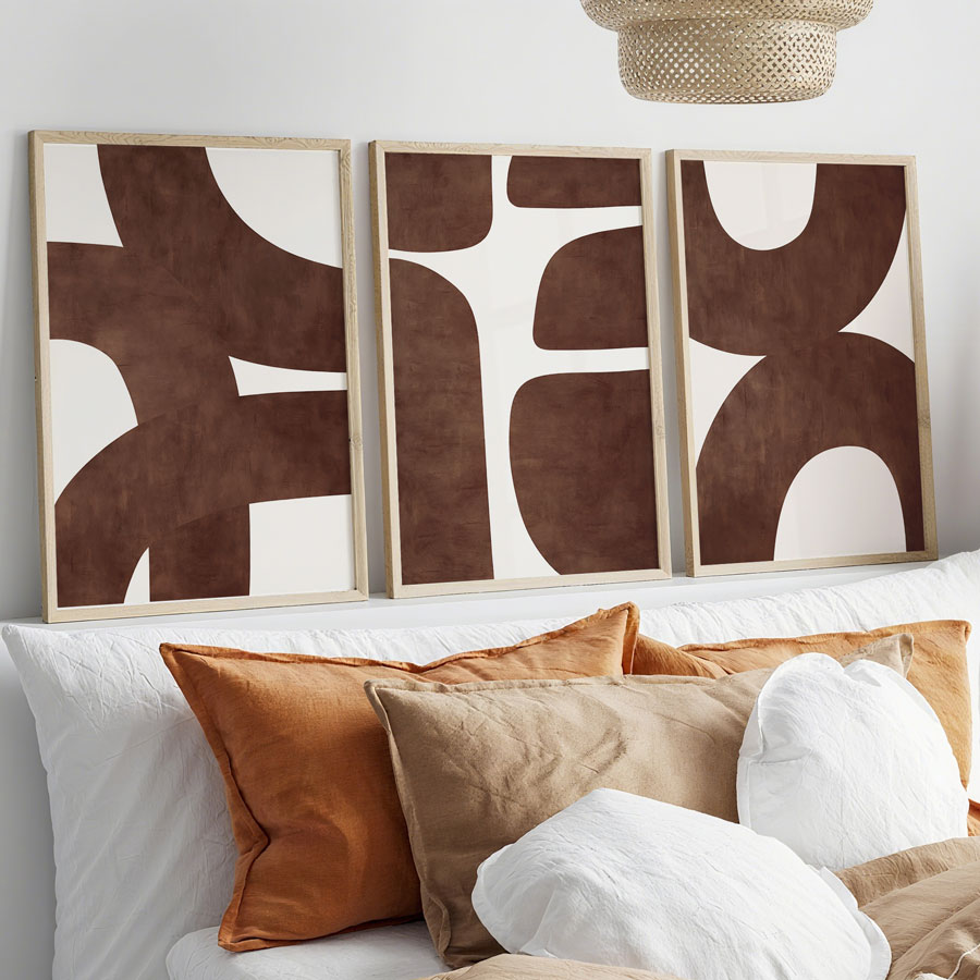 3 Pieces/Set, Abstract Geometric Wall Art, Brown Minimalist Canvas Painting, Frameless Poster, Modern Bohemian Style Wall Decor, Suitable for Bedroom, Living Room, Office, Cafe, Dormitory, Hallway, Etc., Nordic Aesthetic Home Decor, Room Decoration, Sp...