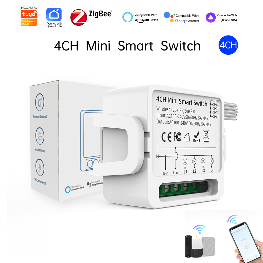 Tuya ZigBee 1CH/4CH Smart Relay Switch Module Smart Home Timer Countdown Works with Alexa Assistant Fireproof PC