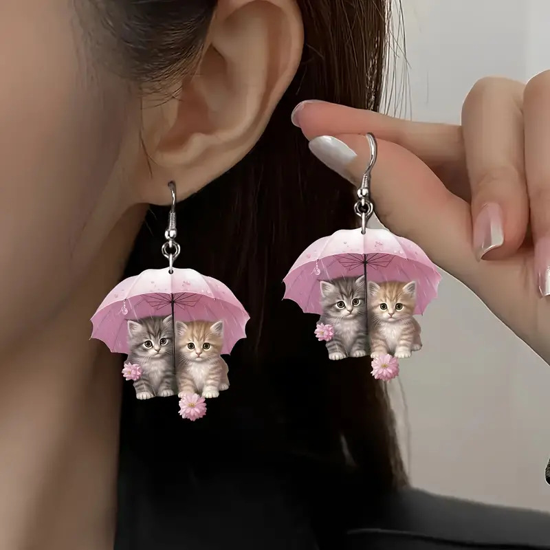 1 pair of cute umbrella kitty acrylic earrings, romantic cat lady earrings gift, the perfect gift for cat lovers