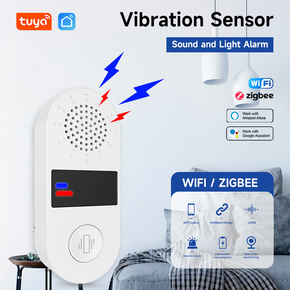 Tuya WIFI Sound Light Vibration Alarm 130DB Smart Sensor Tuya Smart Life App Notification Real-Time Motion Shock Alarm Record