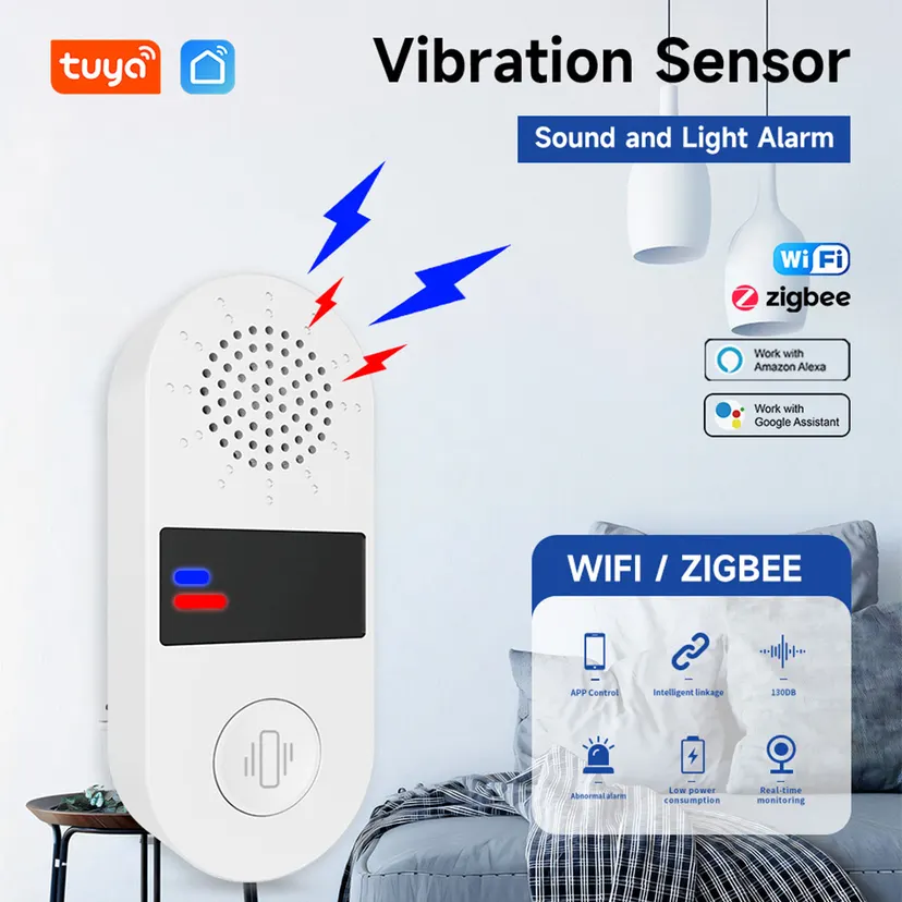 Tuya WIFI Sound Light Vibration Alarm 130DB Smart Sensor Tuya Smart Life App Notification Real-Time Motion Shock Alarm Record