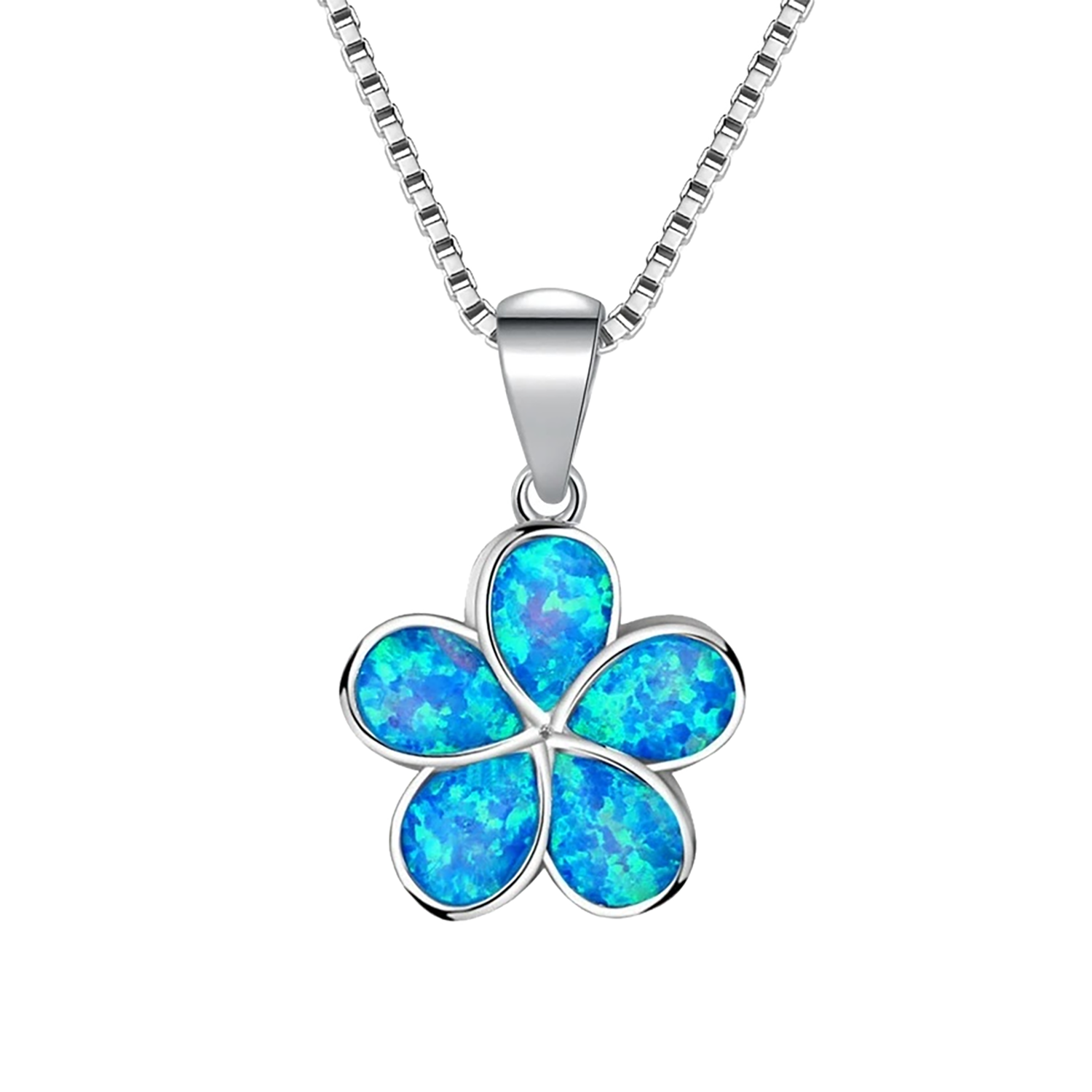 White K Plated Blue Opal Flower Pendant Necklace,5 Petals Iridescent Opals,Dainty Minimalist Everyday Jewelry Gift for Women