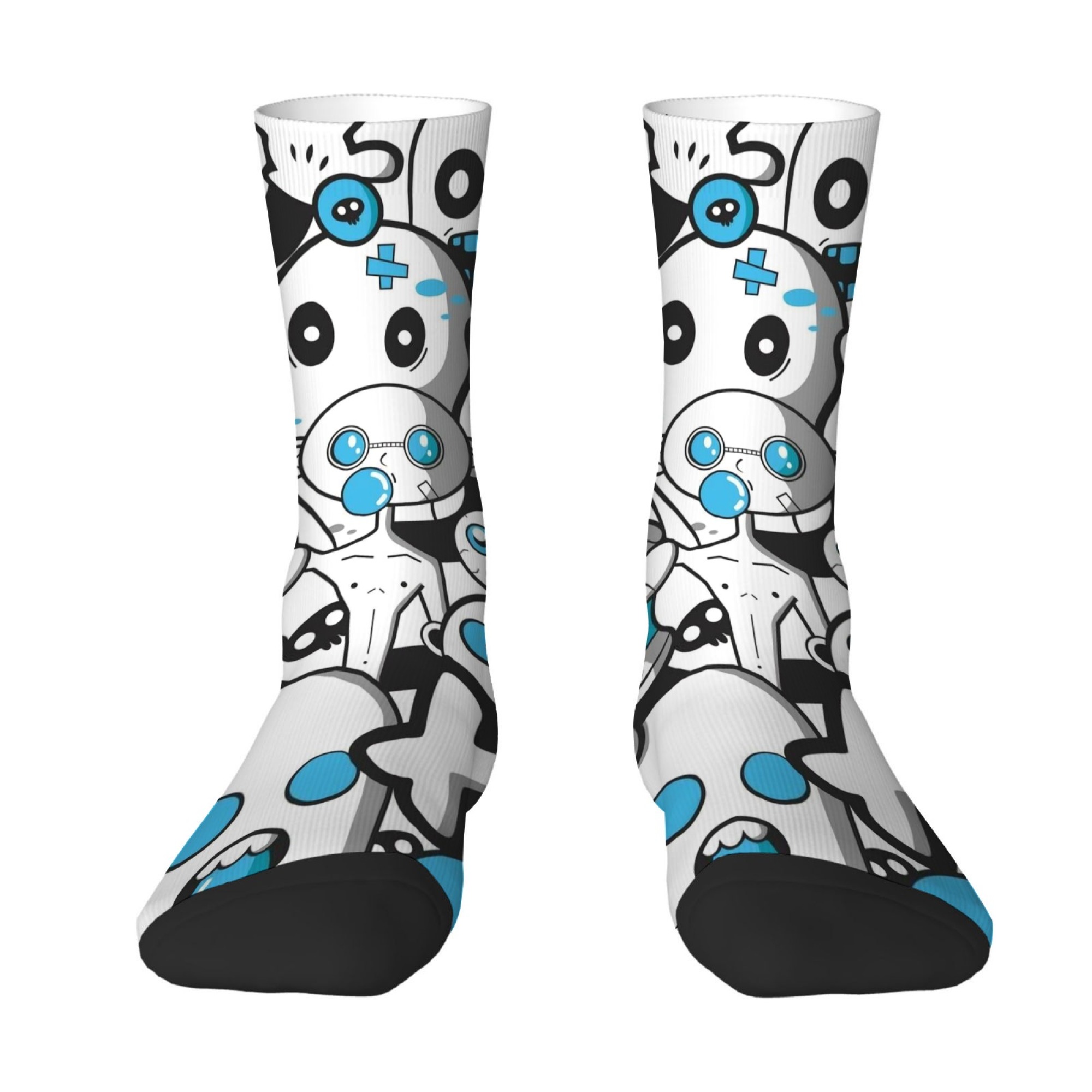 Cyberpunk Style Socks Blue and White Cartoon Robot Mid-calf Socks Cute Playful Soft Comfortable Non-slip and Adorable Socks