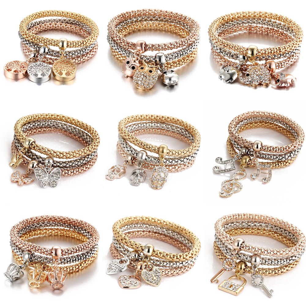 3Pcs Fashion Heart Bracelet Set For Women Crystal Owl Lock Key Music Sign Butterfly Elephant Charm Bangle Party Jewelry Gift