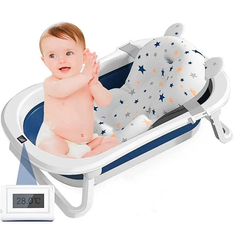 Foldable Baby Bath Tub, Newborn Baby Tub with Soft Bath Mat and Real Time Water Temperature Display (Blue, 78CM * 48CM * 9CM)