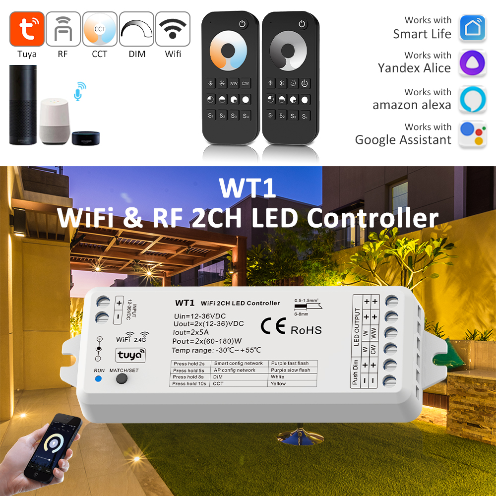 12V 24V WT1 Wifi Tuya Smart CCT Controller 2CH 5A WW CW Strip LED Dimmer Work with Yandex Alice Alexa APP RF Remote Control