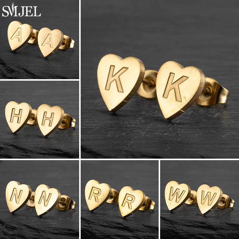 Stainless Steel 26 A-Z Initial Letter Stud Earrings for Women Girls Tiny Heart Shaped Earings Wedding Jewelry Friend Gifts