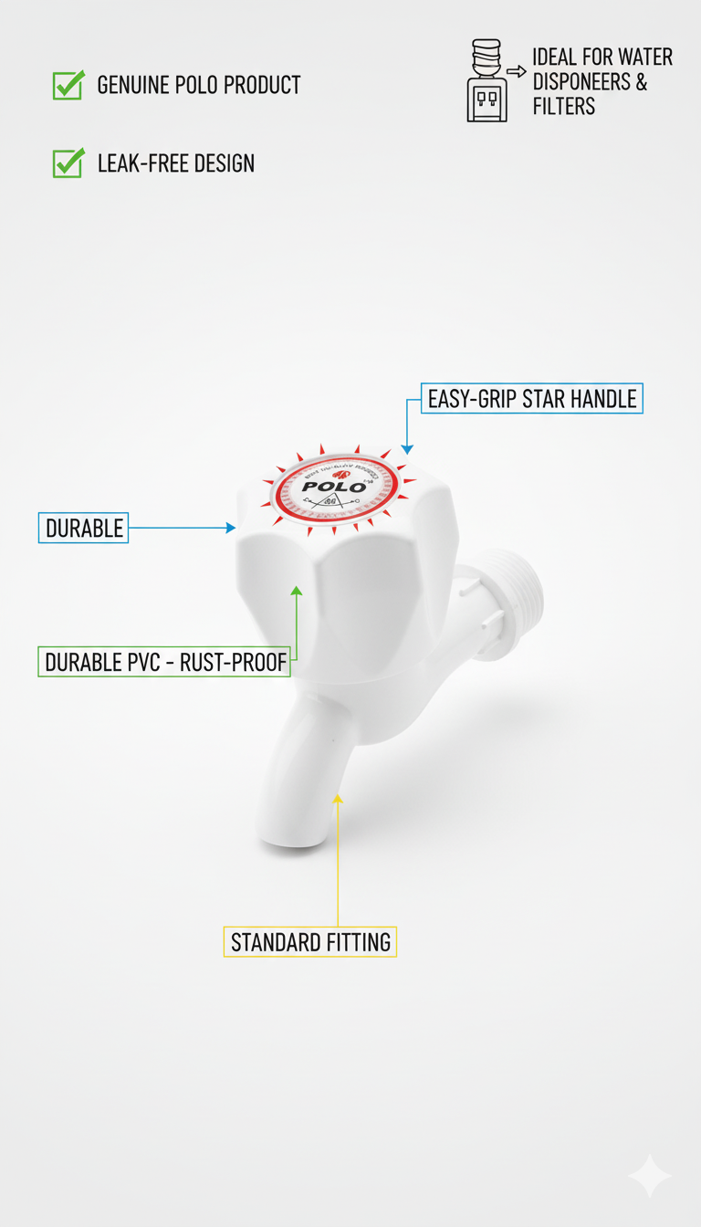 POLO Plastic Water Tap/Faucet - White Star Handle & Smooth Flow - Durable PVC Bib Cock for Water Dispenser/Filter/Sink