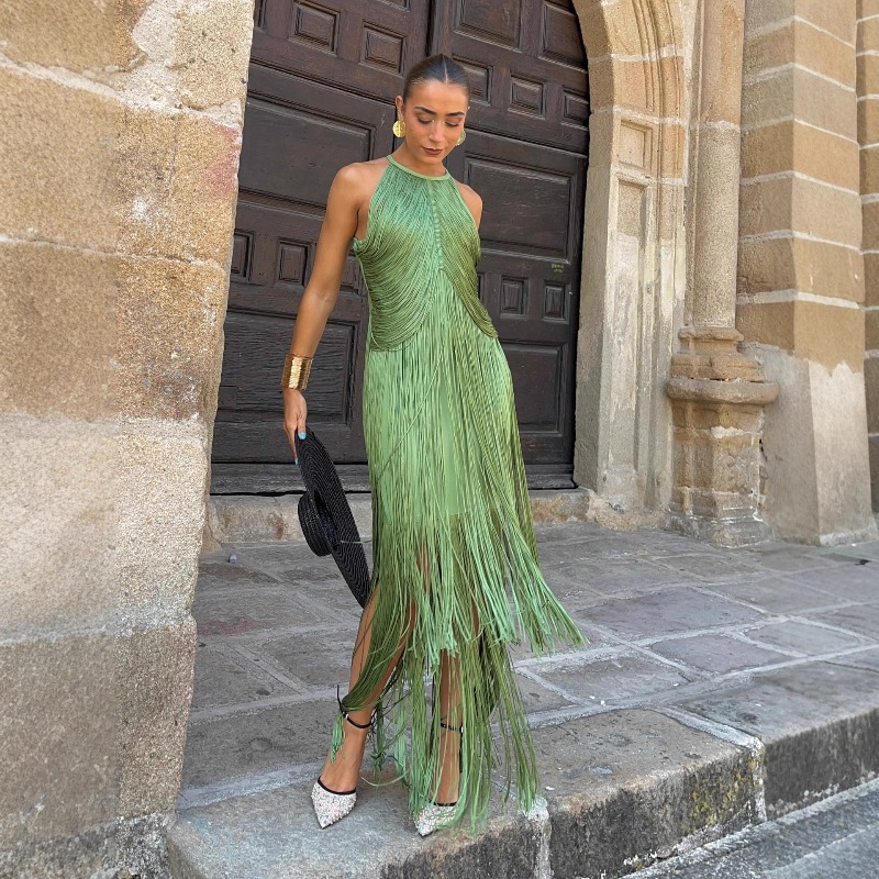 Evening Dresses Birthday for Women Elegant Halter Neck Solid Color Sleeveless Socialite Style Tassels Bodycon Dress Evening Gown