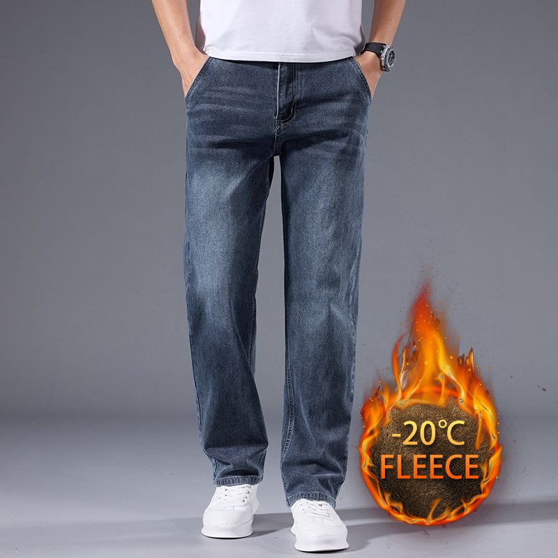 Men New Fleece Lined Thickened Jeans Male Winter Loose Straight Slim Fit Denim Pants High End Casual Elasticity Trousers