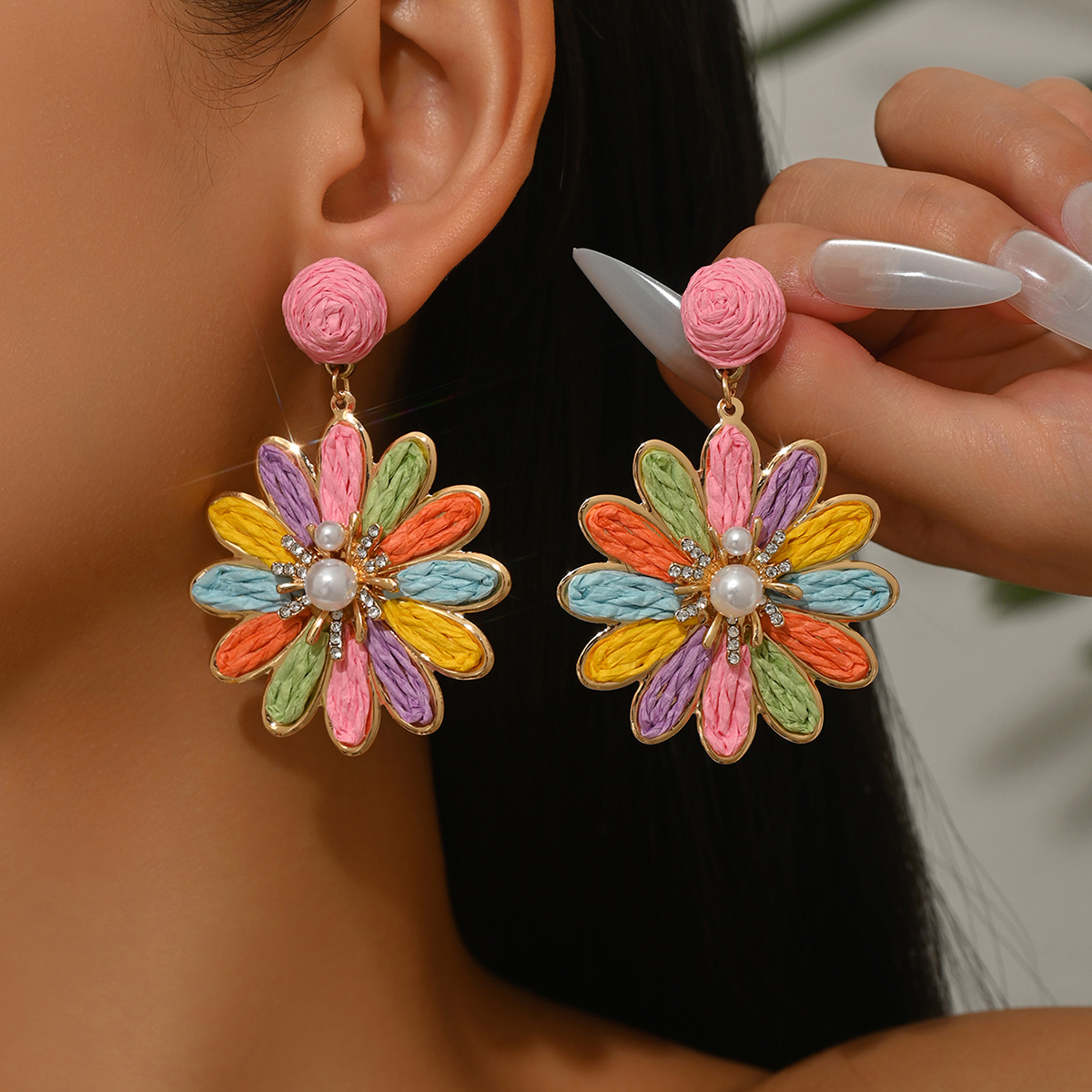 Bohemia Stylish Colorful Raffia Flower Earrings for Women Girls Elegant Sweet Handmade Rattan Knit Earrings Summer Jewelry s