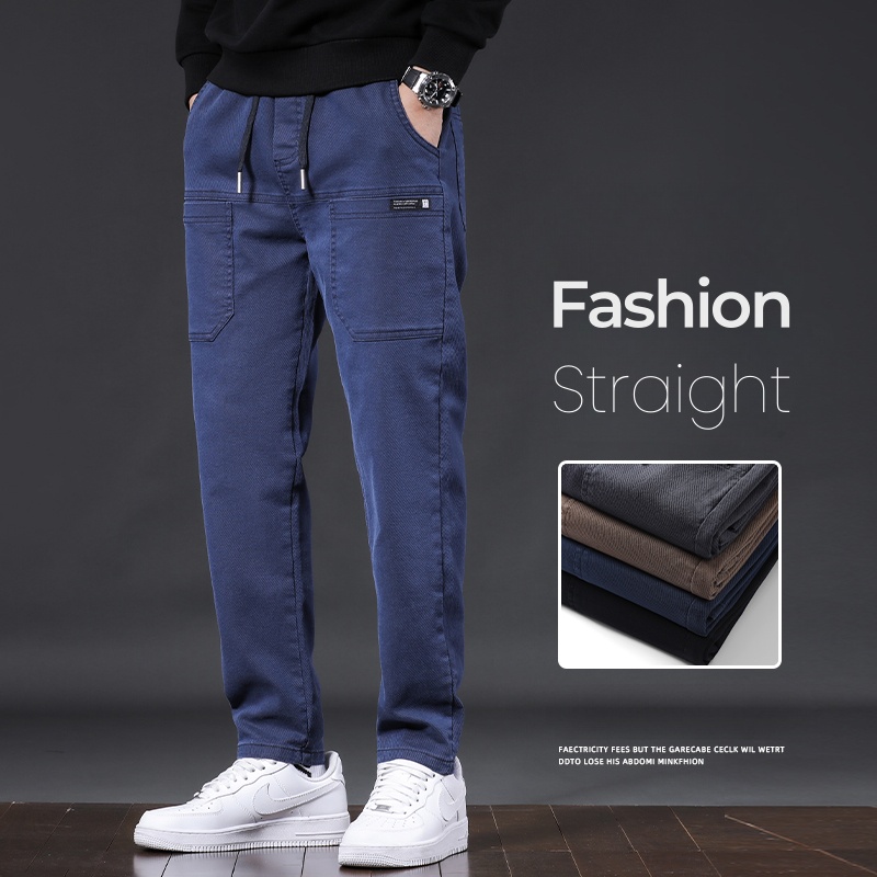 Multi-pocket Workwear Casual Pants Dark Blue Men's Spring Autumn Trendy Drawstring Stretch Straight Male Trousers Size 28-38