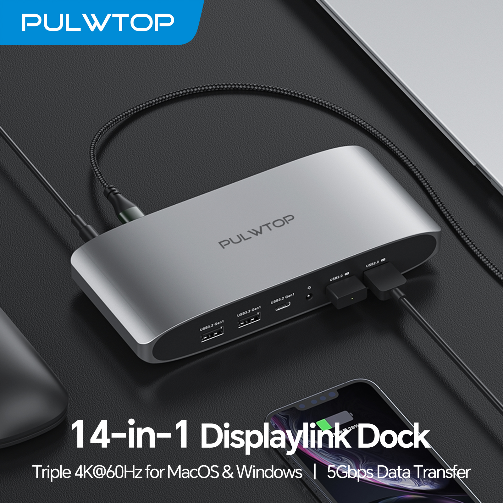 PULWTOP Displaylink Docking Station with 2 HDMI 4K@60Hz, 2 Display Port, PD, USB C Data, 4 USBA, Ethernet, Audio