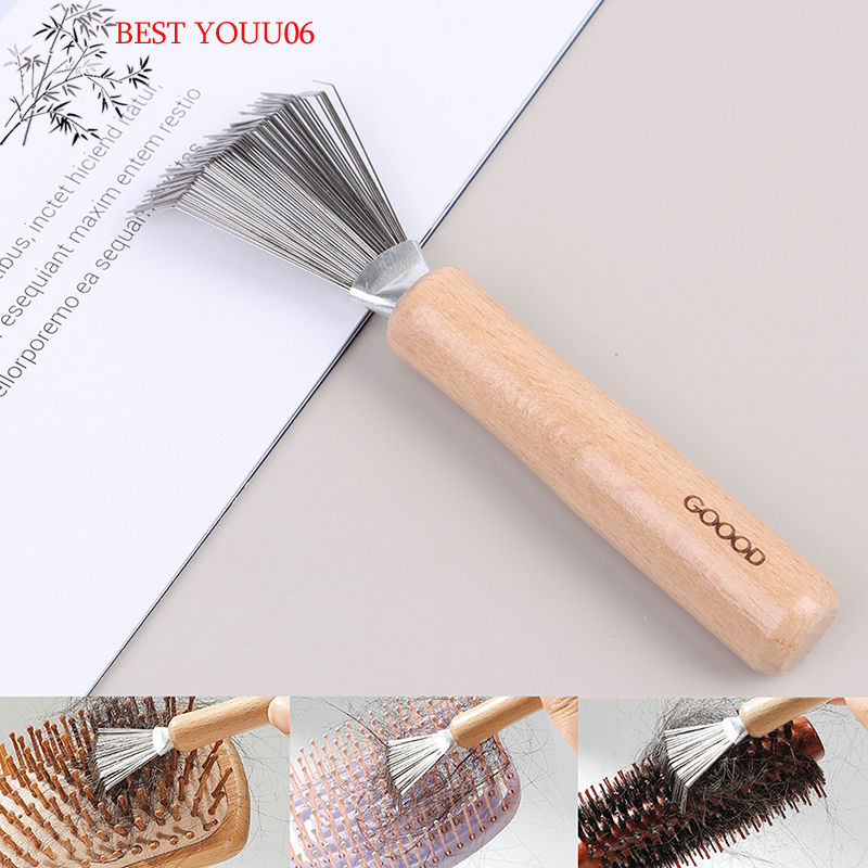 Hot 1Pc Wooden Comb Cleaner Delicate Cleaning Removable Comb Cleaner Tool Hair Brush Handle Embeded Tools