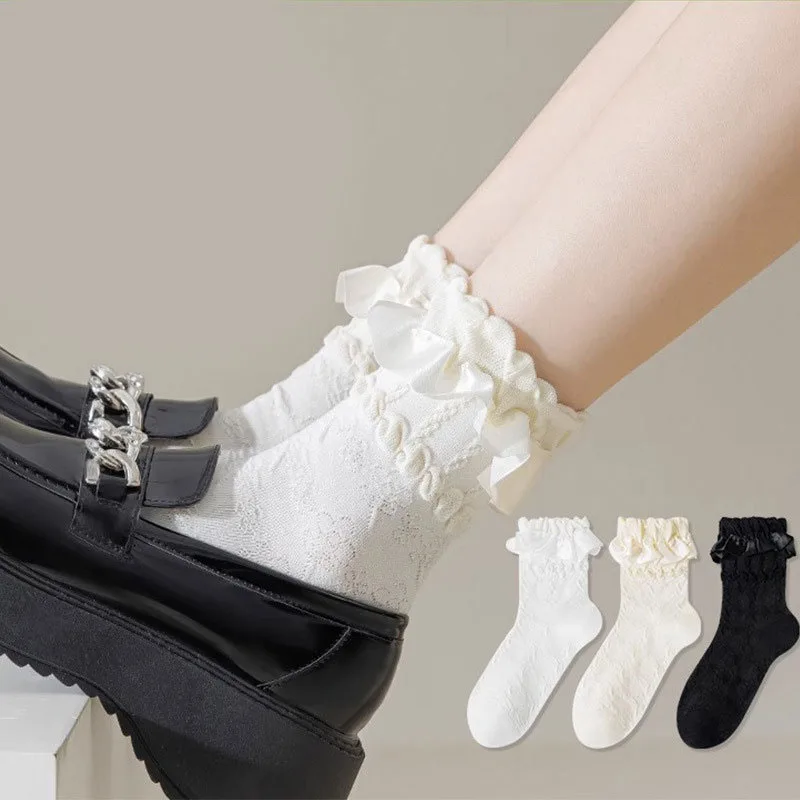 1Pair Woman Lolita Cute Black White Socks Set Spring Summer Female Lady Girls Lace Kawaii Socks For Women