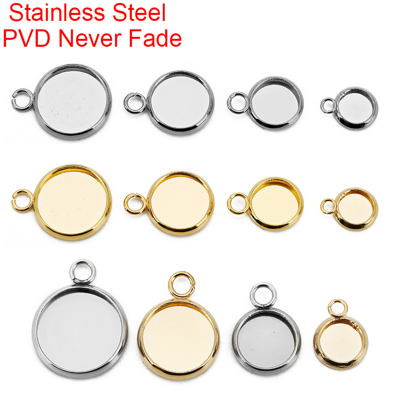 20pcs PVD 6 8 10 12 mm Stainless Steel Necklace Pendants Settings Base Never Fade Cabochon Cameo Tray Bracelets Jewelry Making pen gpt