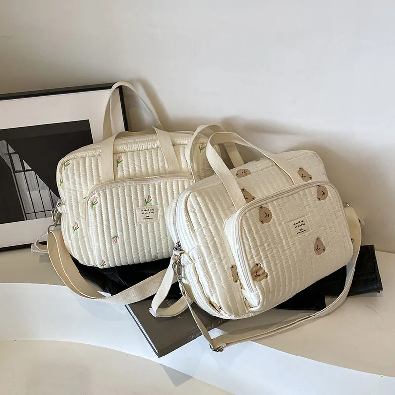 Large Mommy Bag Cute Bear Flower Embroidery Pattern Baby Beige Cotton Fabric Zipper Diaper Handbag New Luggage Bag