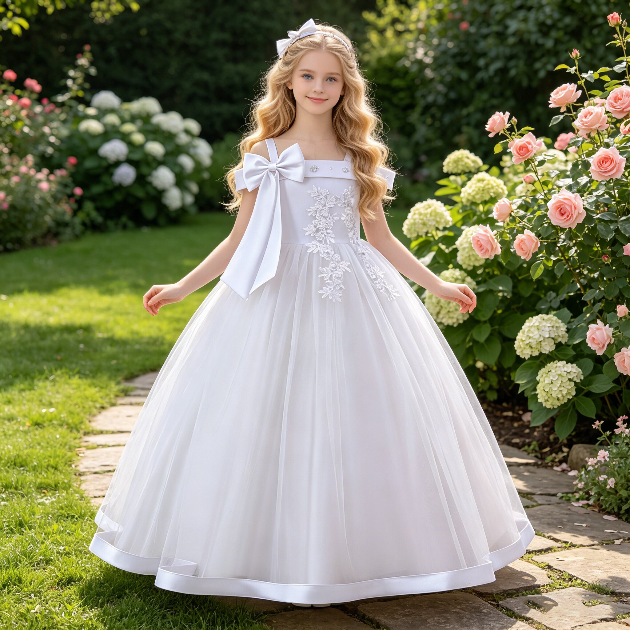 Elegant Bridesmaid Party Girls Dresses Flower Big Bow White Wedding Princess Dress for Kids Gala Birthday Prom Costume