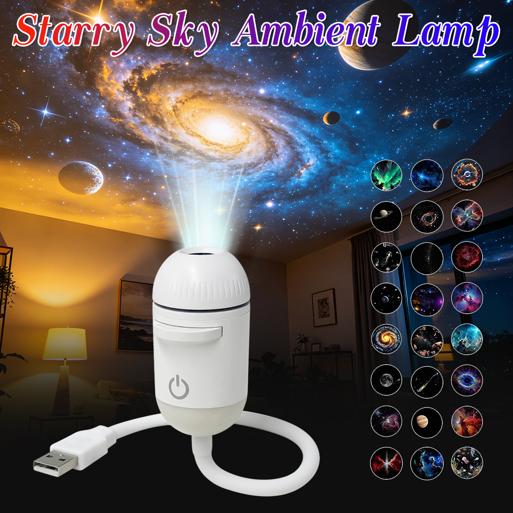 Mini USB Projector Lamp Plug-in Starry Sky Night Light with Interchangeable Films for Bedroom Party Home Decor
