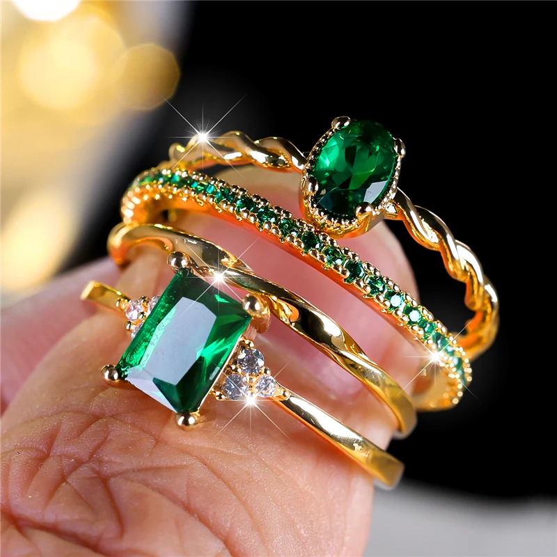 Luxury Female 4pcs Green Zircon Stone Ring Set Trendy Yellow Gold Color Engagement Cute Bride Wedding Jewelry for Women