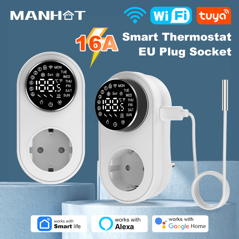 MANHOT Tuya 16A WiFi LED Thermostat Wireless Electric Plug-in Thermostat Socket Temperature Controller Voice Control For Alexa