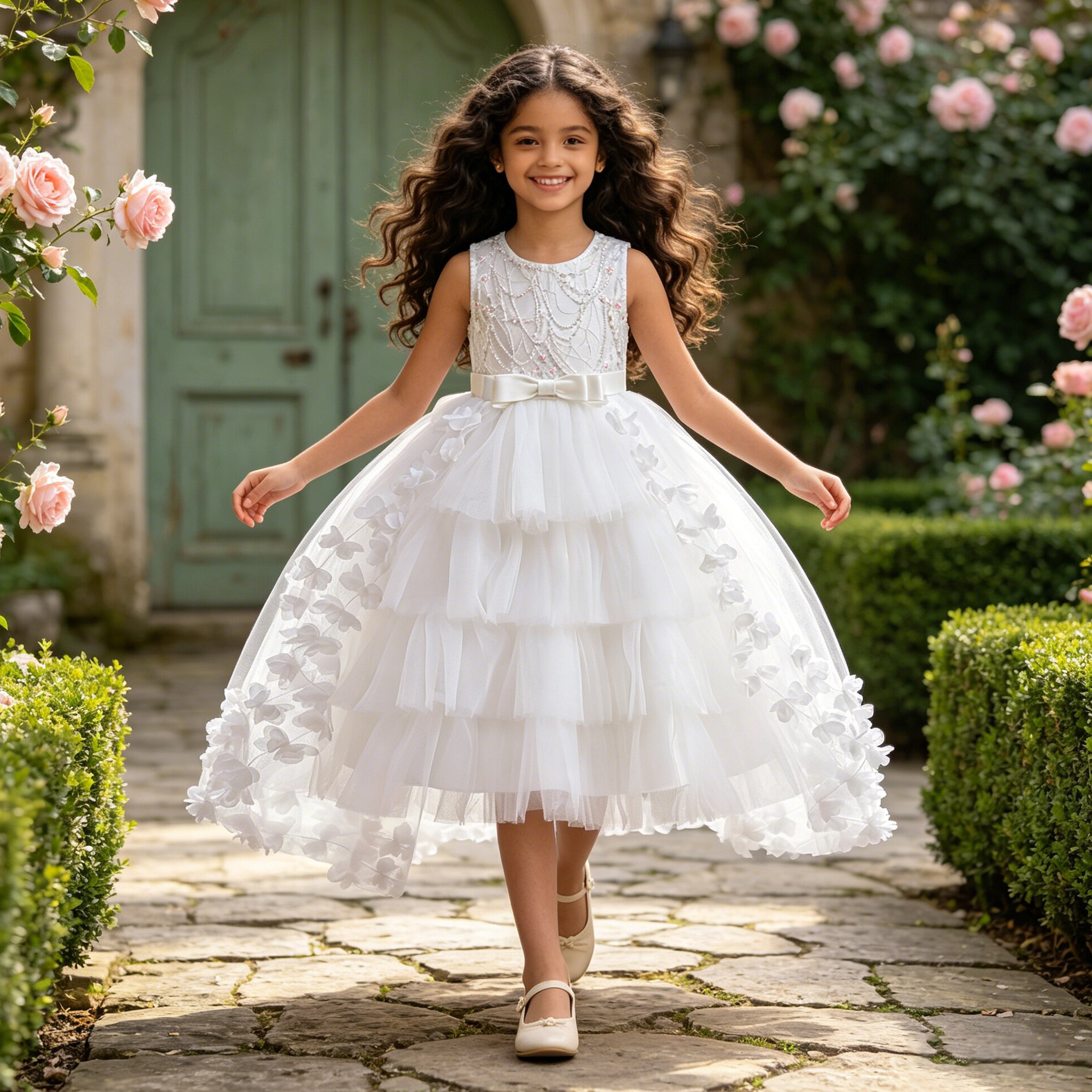 Elegant Party Bridesmaids Girls Dresses Summer Bow Flower Wedding Princess Prom Dress for Girl Tulle Evening Costumes