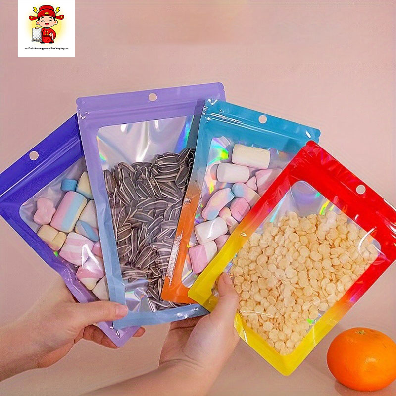 50/100Pcs Holographic Zipper Bags, Cute Cartoon Jewelry Candy Snack Plastic Storage Packaging for New Year Party