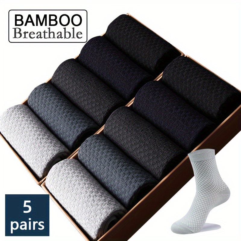 5 pairs of socks men's bamboo fiber men's socks double needle dark flower small square pattern odor resistant medium tube