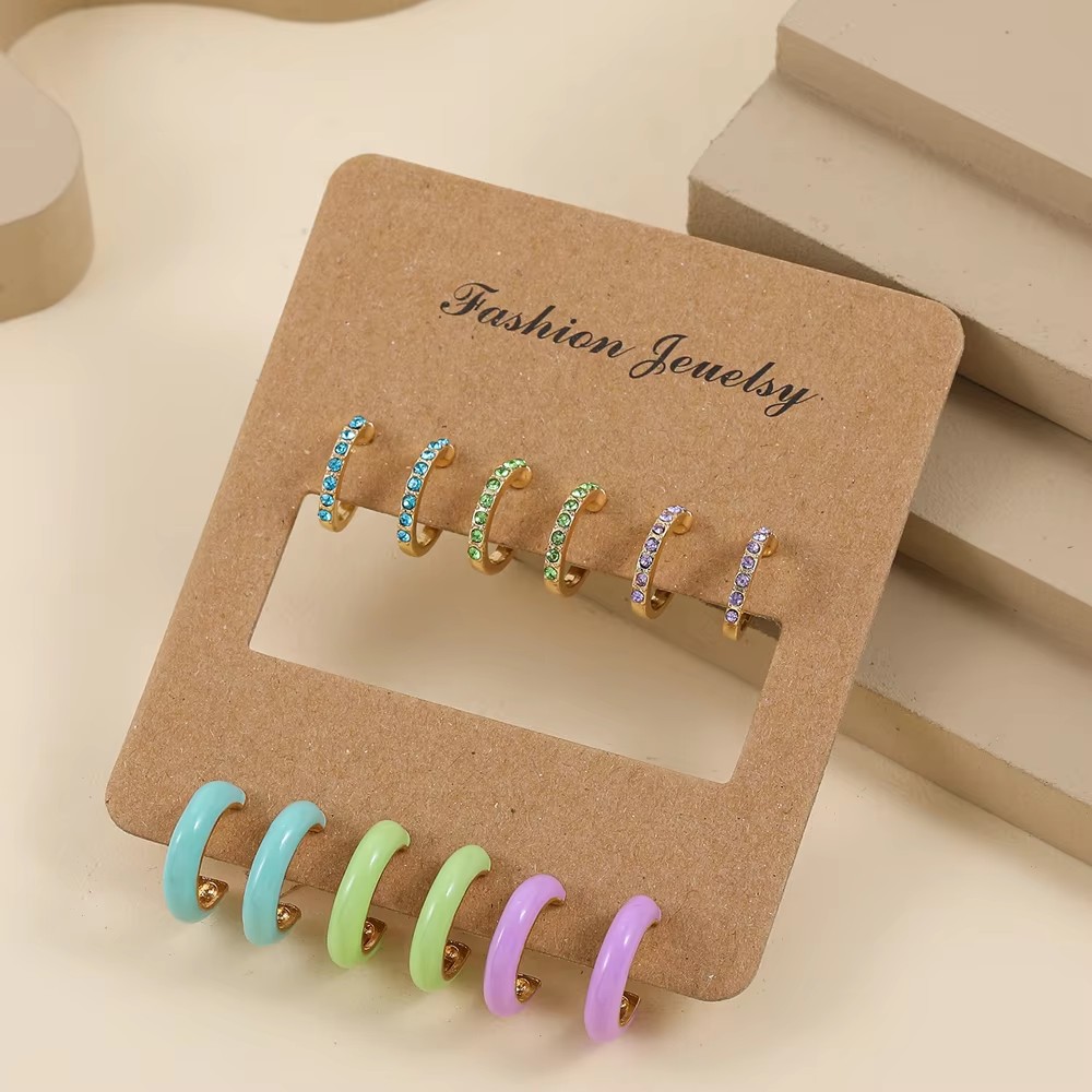 6pair/set Fashion Drip Oil Enamel Small Circle Round Hoop Earrings Women Multicolour Zircon Huggie Ear Buckle Party Club Jewelry