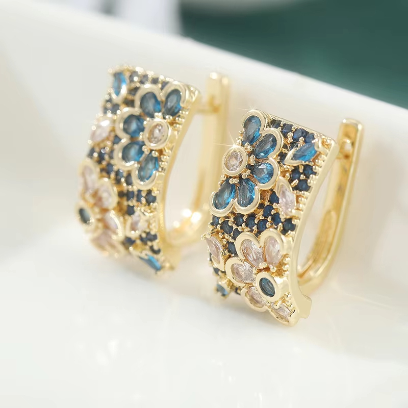Vintage Multicolor Synthetic Zircon Floral Pattern Hoop Earrings Women's Gold Color Ear Buckle Wedding Jewelry Versatile