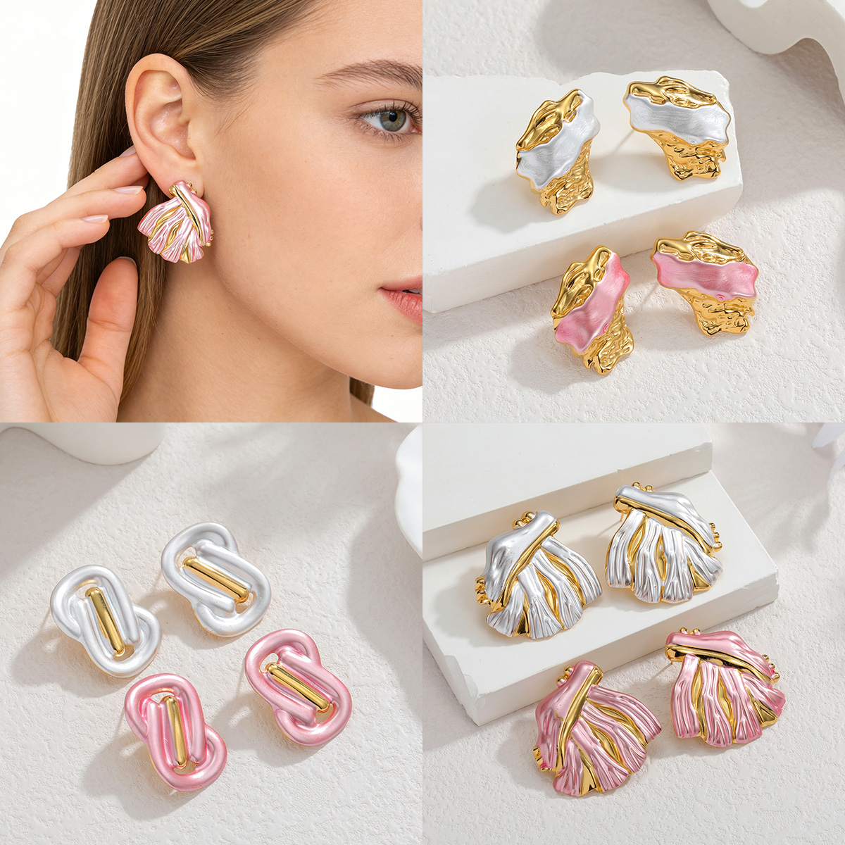Sweet Romantic Pink Irregular Women's Earrings Fashion High-quality Charming Stainless Steel Gold Color Jewelry Anniversary