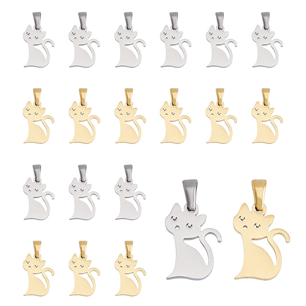 1box 20pcs 2 colors 304 Stainless Steel Pendants Cat Stainless Steel color 16.5x12x1mm Hole: 2.5x4.5mm 10pcs/color