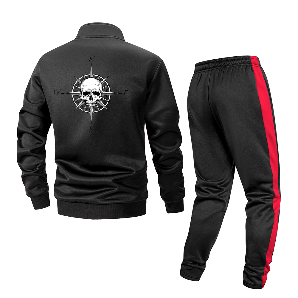 Men's Full Zip Athletic Tracksuit Vintage Skull Compass Print Autumn and Winter Jogging Gym Outdoor Casual Sports Suit Set