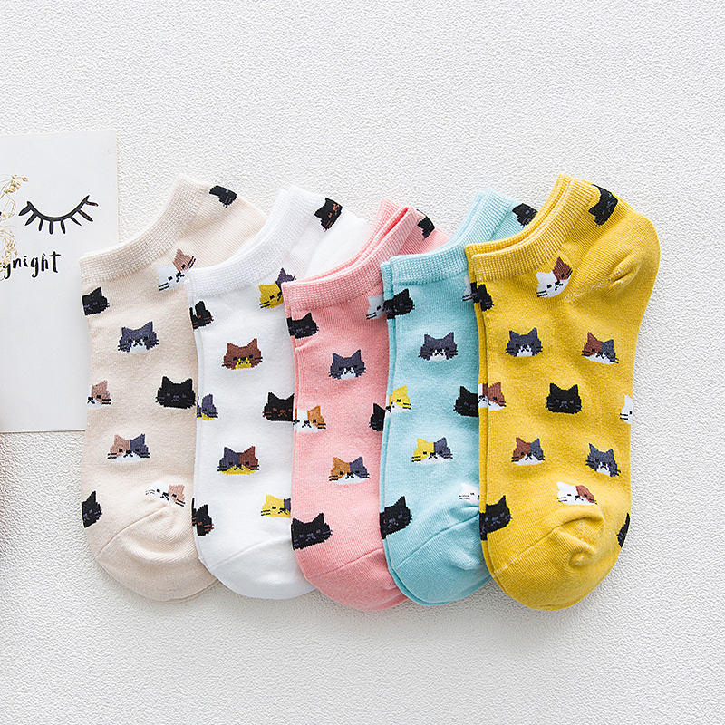 5 Pairs New Women Socks Cute Cartoon Cat Cotton Ankle Socks Colorful Funny Socks Girls Breathable Casual Socks Calcetines Mujer